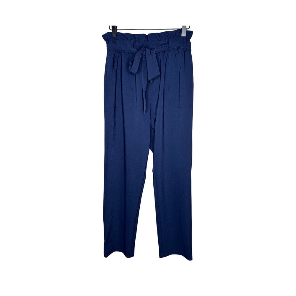 Grace Karin Dark Blue Paperbag Waist Pants Women L High Rise Tie Elastic Career